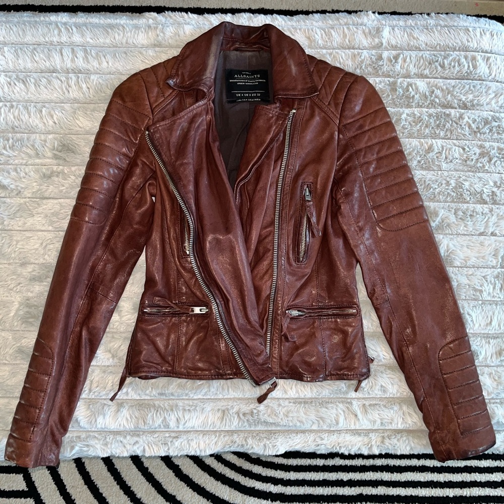 All Saints Leather Biker Jacket oxblood